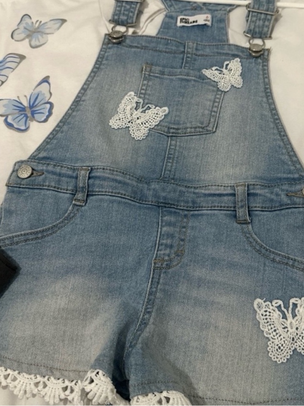 Epic Threads Light Blue Denim Butterfly Lace Trim Short Overalls